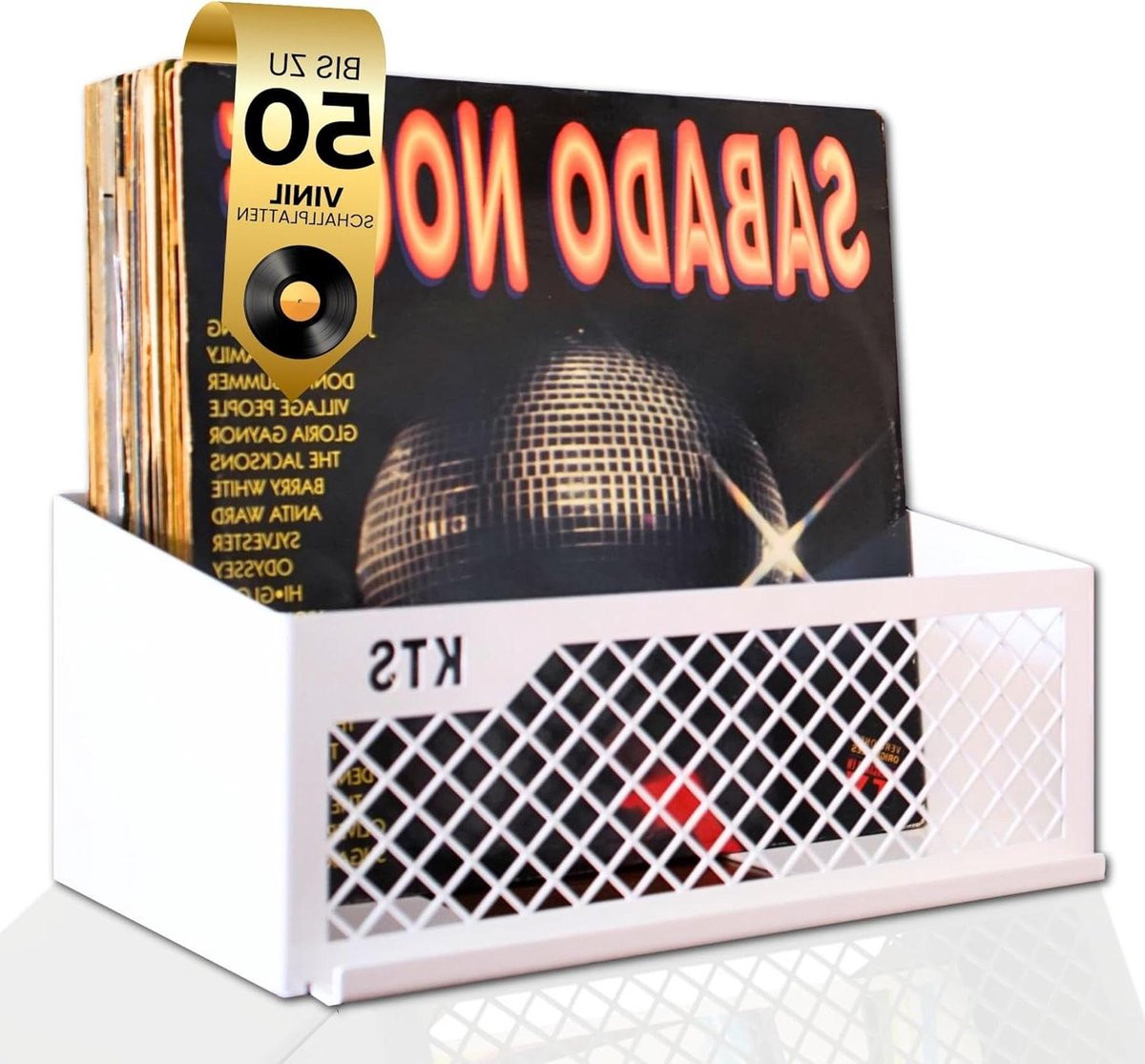 Zwevend vinylplatenrek voor 60 LP albums met Now Playing display - Vintage wit