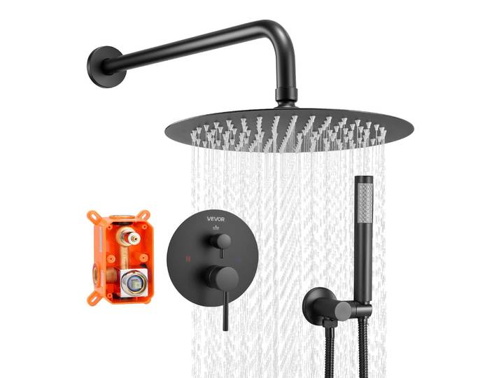 Robinet de douche VEVOR Système de douche à effet pluie pour salle de bain Système de douche avec pomme de douche à effet pluie ronde de 203 mm & douchette à main\, robinetterie de salle de bain murale avec vanne en laiton & kit de finition\, noir mat