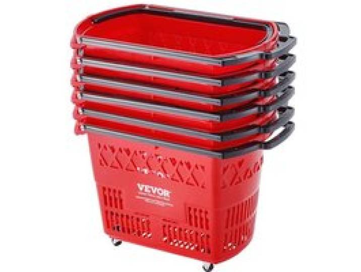 VEVOR Panier de courses, lot de 6, panier à provision en plastique roulant sur roulettes, 39 L, avec poignée, 540x330x365 mm, grand panier portable pour magasin de détail, supermarché, épicerie, rouge