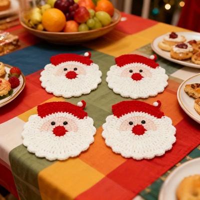 Uplifted Goods Handmade Crochet Santa Claus Holiday Coasters Set 4pcs