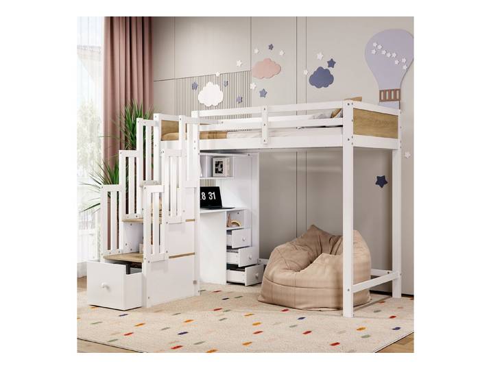 KEFEYA Hochbett für Kinder & Jugendliche (Holz in Weiß-Natur mit Schreibtisch, Stauraumtreppe & Schubladen – für Kinderzimmer und Lernbereich, 1-St., 90x200cm)