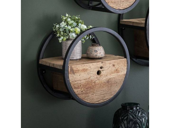 Etagère murale ronde 40x25x40 cm en bois brut et métal - ROUND