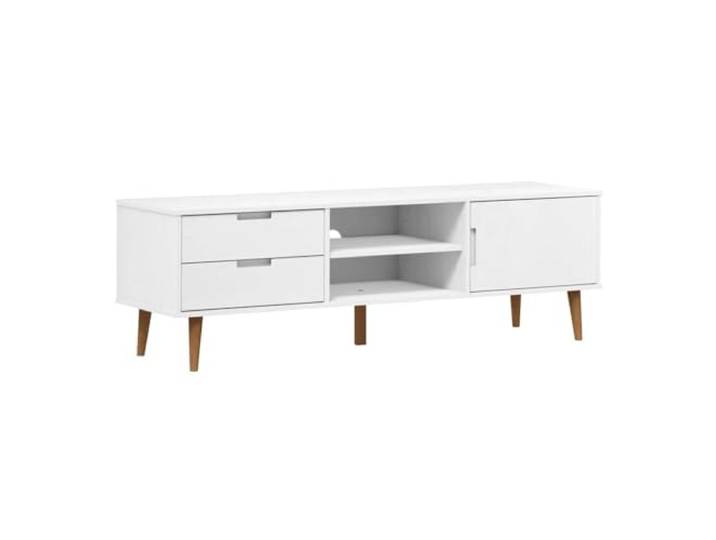 Roanoer TV Board Massivholz Kiefer Lowboard TV Schrank Weiß 158x40x49 cm Stilvolles Fernsehmöbel mit 2 Schubladen und Tür aus Kiefernholz für Ordnung im Wohnzimmer und elegante Präsentation.
