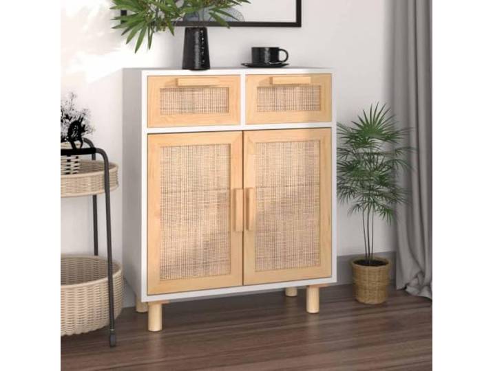 HEFZGDB Sideboard aus Kiefernholz mit Naturmaterialien zur Aufbewahrung und Deko in Weiß mit Schubladen, Fächern, Rattanfronten und Massivholzbeinen