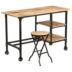 vidaXL Schreibtisch mit Klapphocker Mangoholz Massiv 115x50x76 cm