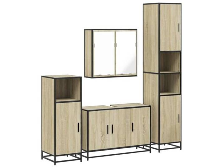 POUFGDR Badezimmermöbel-Set, 4-teilig, Sonoma-Eiche Wand-WC-Schrank, Metallrahmen, Holz, Spüle, Wandaufbewahrung