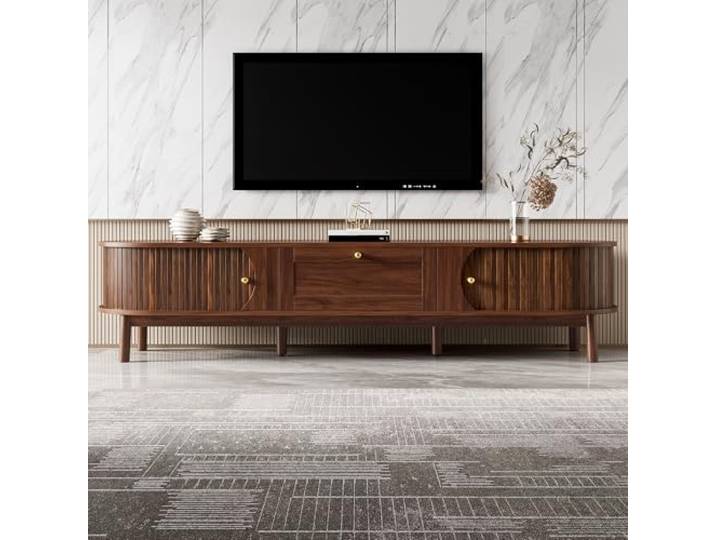 Fiednoy TV Schrank Nussbaum Mit Schubladen Schiebetüren 170x39cm Massivholz-Fernsehschrank Mit Abgerundeten Ecken Goldenen Griffen, Lowboard Für Wohnzimmer