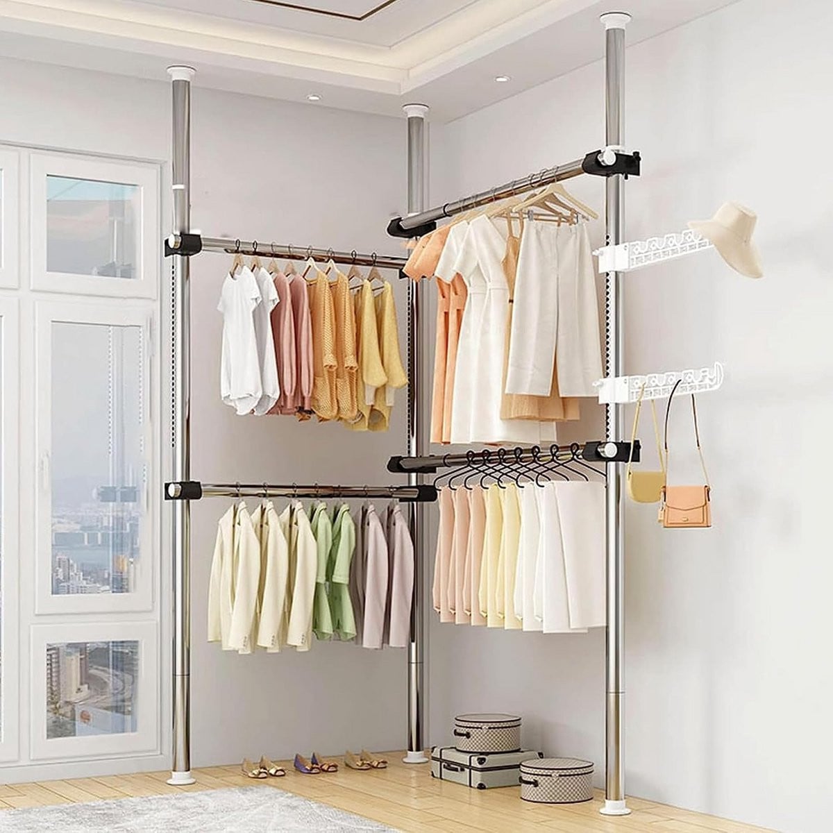 Telescopisch metalen kledingrek voor hangende kleding en verstelbare garderobe organizer