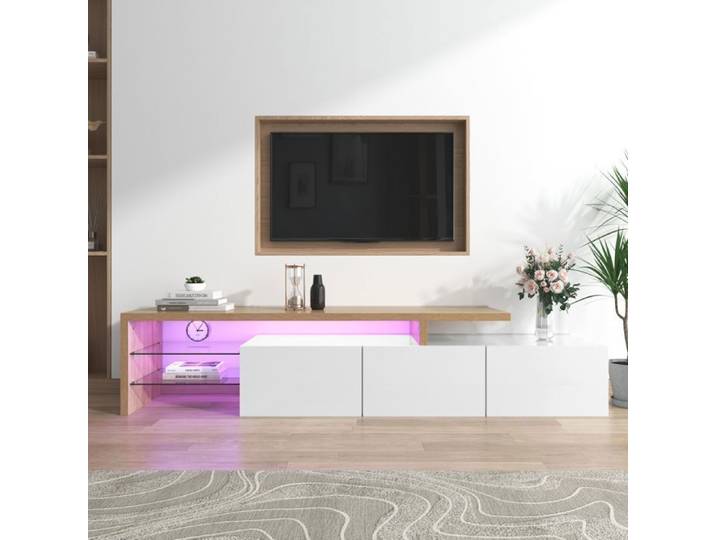 Armoire TV LED Blanche Bois Élégante 3 Portes Haute Brillante Etagères en Verre Meuble TV Moderne Design Buffet Salon