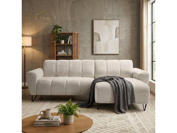 Ecksofa VOLARE MINI L-Form, Ottomane rechts, Chenille Storm in Creme, Sofa ohne Schlaffunktion, dekorative schwarze Metallbeine