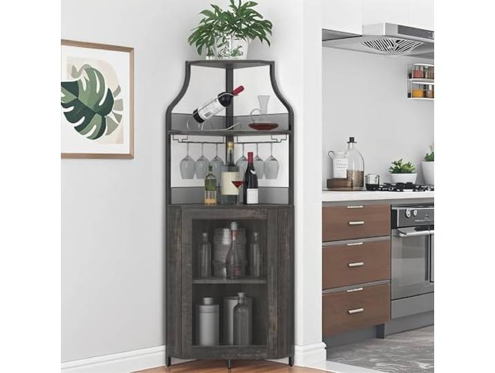 IDEALHOUSE Eck‑Barschrank 155cm Hoch, Eckweinschrank mit Weinregal Glashalter & Mesh‑Tür für Küche Wohnzimmer verstellbare Regalböden, Gitter‑Mesh‑Tür, Bar‑Schrank für Küche