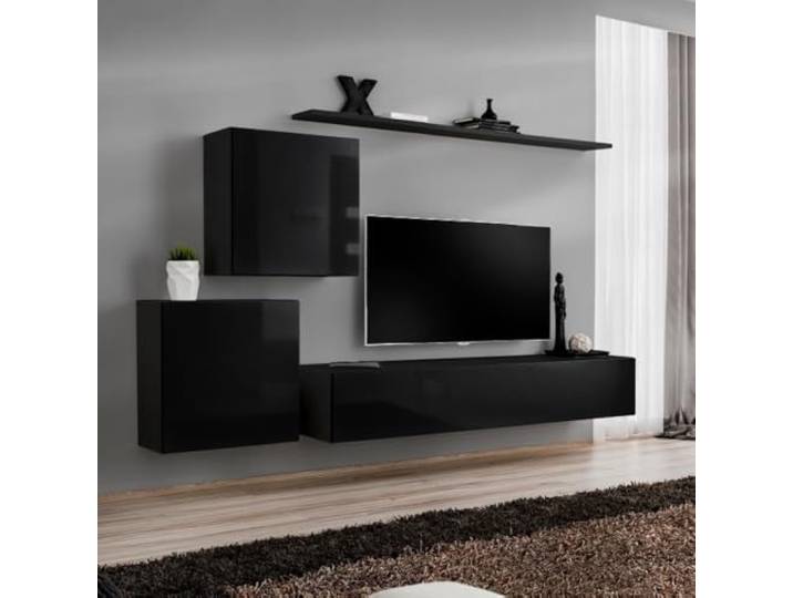 Lomadox Wohnzimmer Wohnwand in Schwarz mit Hochglanz-Fronten modern 250 cm, 4-teilig -