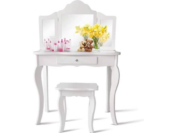 GOPLUS Coiffeuse pour Enfant avec Tabouret Miroir à 3 Volets Pliables Ajustables Partie Supérieure Amovible Cadeau pour Fille Blanc