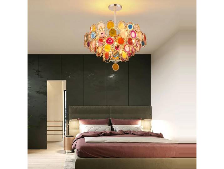 Lustre LED E14 postmoderne en fer et agate multicolore 2026, suspension luminaire pour salle à manger