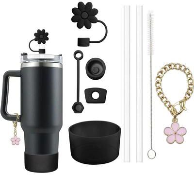 Friendly Fresh Finds Stanley Cup Accessories Set Spill Proof Stoppers, Straws, Brushes & Flower Charm For Customization black