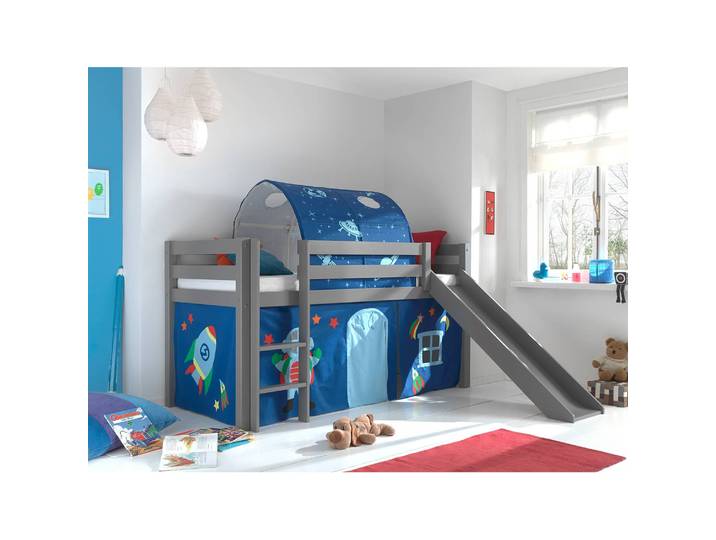 Spielbett Astro 90 x 200cm Grau/Kiefer Grau mit Rutsche/mit Tunnel/mit Leiter