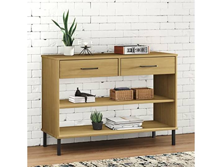 Konsolenschrank aus Massivholz Kiefer mit Metallbeinen, 2 Schubladen und 2 Massives Kiefernholz, industrieller Stil, vielseitig einsetzbar, robuste Metallfüße, einfacher Zusammenbau