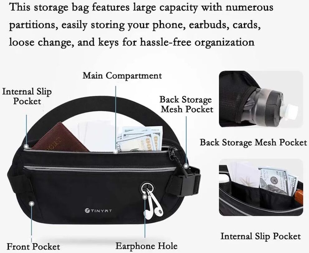 INF Schlanke, unsichtbare, leichte Sport-Bauchtasche - Reflektierender, atmungsaktiver Laufgürtel mit mehreren Fächern Schwarz