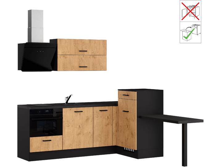 Winkelküche IMPULS KÜCHEN Amsterdam mit zusätzlicher Arbeits- & Stellfläche, vormontiert , braun (küche: braun, korpus: schwarz, arbeitsplatte: schieferstruktur schwarz), B:350cm H:206,2cm T:60cm, Komplettküchen-Sets, Küchenzeile, Ausrichtung wählbar, wahlweise mit E-Geräten, Breite 225/125cm