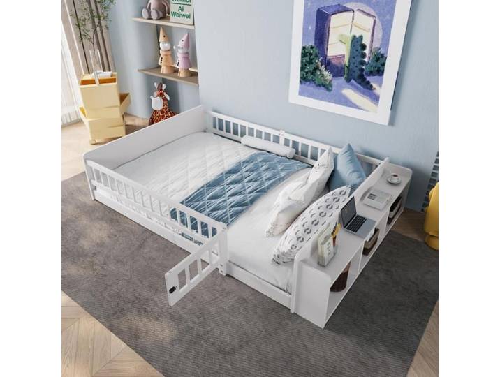 Lit Enfant au Sol 140x190cm avec Barriere Lit Montessori avec Rangement Ouvert Sommier à Lattes pin sans Matelas Certifié EN747