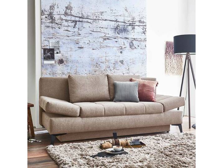 Schlafsofa Amedeo Webstoff/Velours mit Lattenrost und Bettkasten Kunstfaser H:90cm/B:208cm/T:102cm Sand klappbar ausziehbar modern