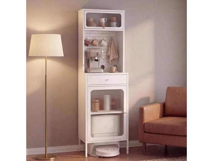 Mendler Highboard HWC-P99 Staufächer Metall Glas 182x54x40cm - weiß