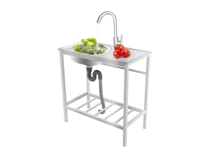 Waschbecken freistehend, Edelstahl-Spüle mit Ablage & Wasserhahn Edelstahl, 360° Wasserhahn, 30kg Belastbarkeit, für Küche, Garten & Restaurant – vielseitig & standsicher