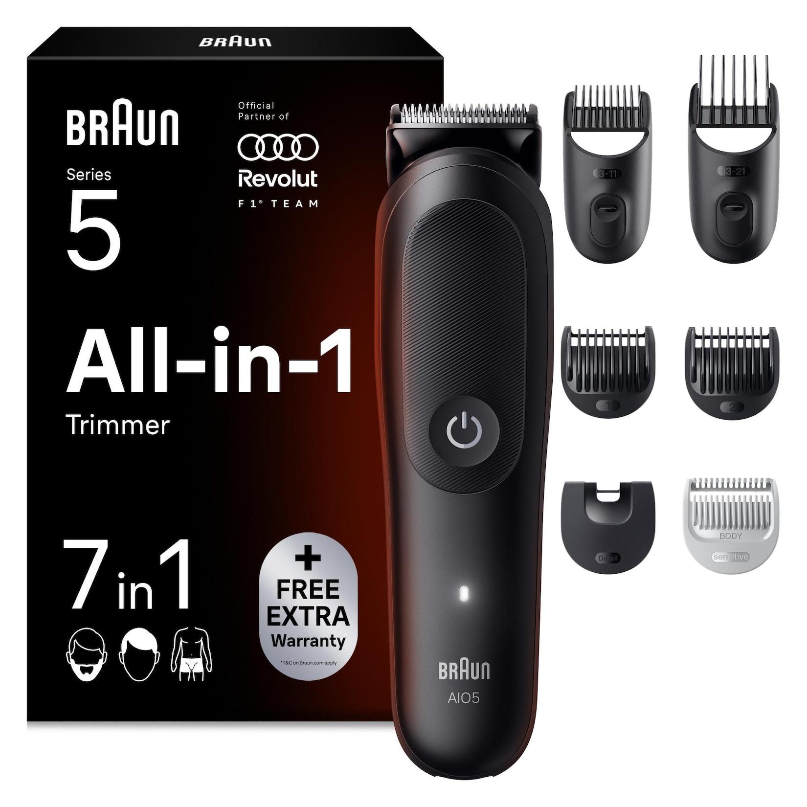 BRAUN All-in-One Series 5, 7-in-1 Set, AIO5520 Multi-Trimmer (All-in-One Groomingset für Männer, Barttrimmen, Haarschneiden und Pflege des gesamten Körpers, ultrascharfe Klinge, SkinGuard-Technology, Sensitiv-Kammaufsatz, 14 Längeneinstellungen, AquaGrip-G