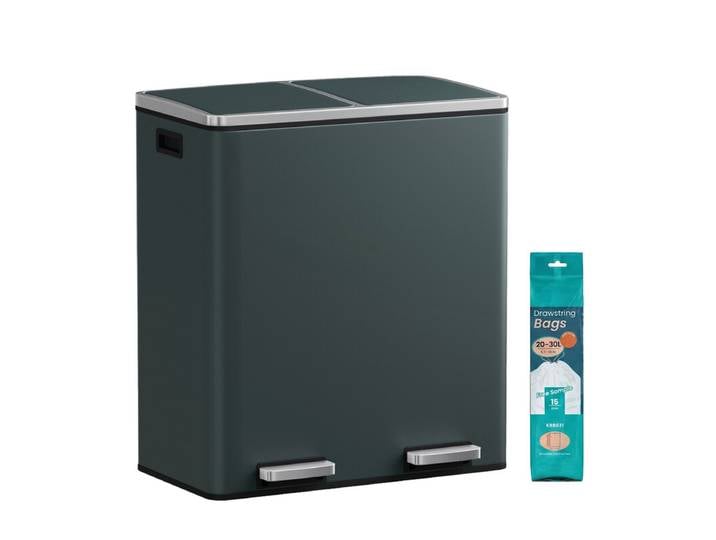 JOYFURNOS Poubelle de cuisine 2 compartiments, Poubelle double 2 x 30 L avec couvercles, Pédales, Seaux intérieurs en plastique, Fermeture amortie, Gris verdâtre