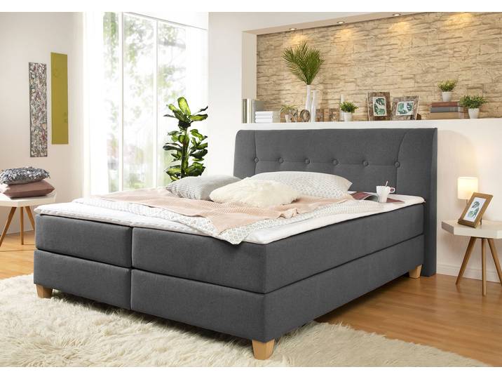 Boxspringbett, Anthrazit, 188x218 cm, Struktur, Inkl. Topper, Klassisch, Home-affaire