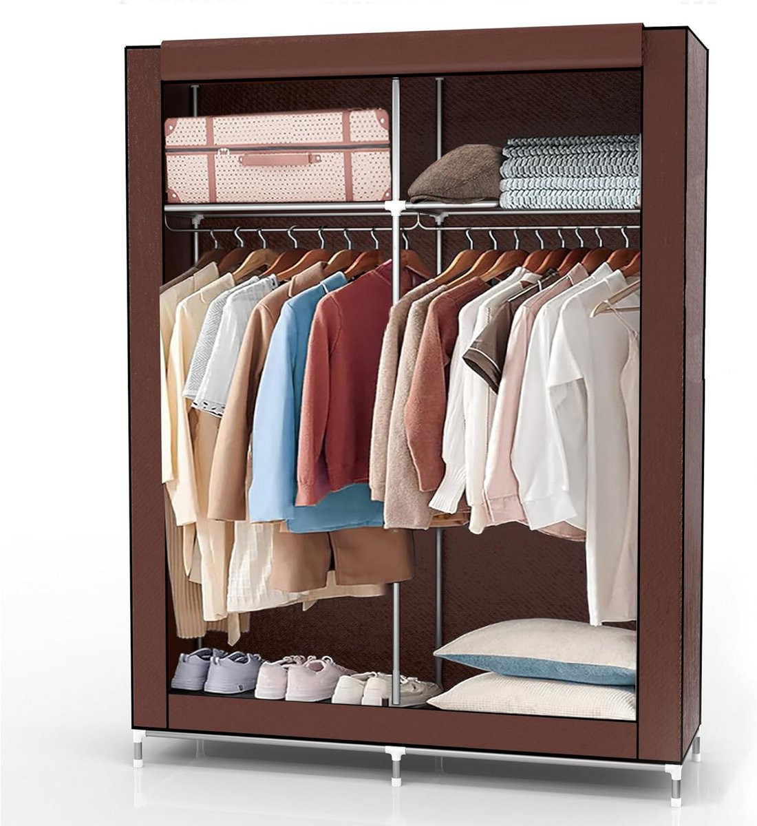 Opvouwbare stoffen kast met kledingroede en zijvakken - Ruime textielgarderobe