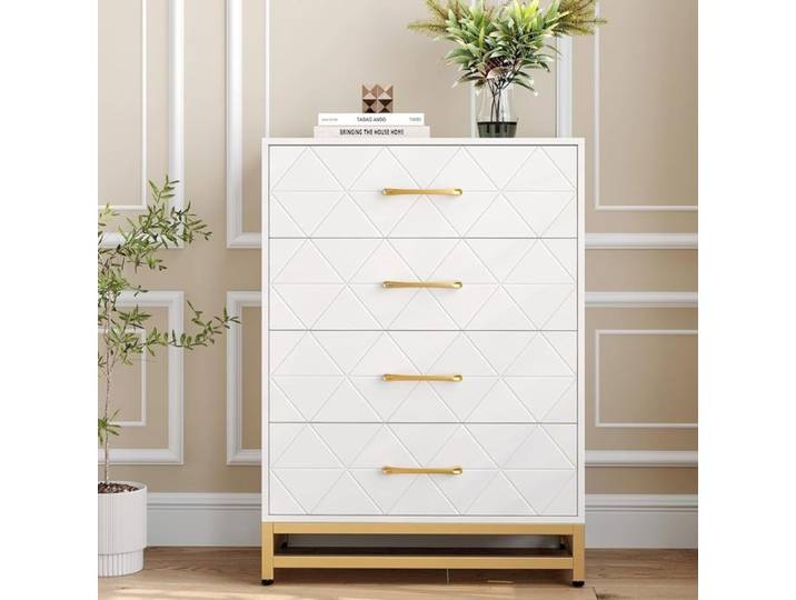 Commode - PROMIRACAL - 4 Tiroirs - Bois Massif - Blanc - Style Scandinave Moderne