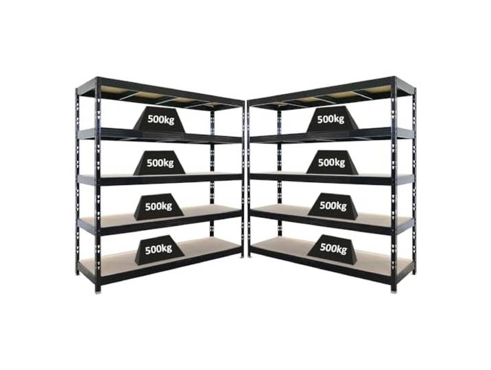 PROREGAL Mega Deal 2X Profi Schwerlastregal Rhino HxBxT 200x200x60cm 5 Spanplatten-Ebenen 8mm Fachlast 500kg Schwarz Garagenregal, Lagerregal, Steckregal, Weitspannregal