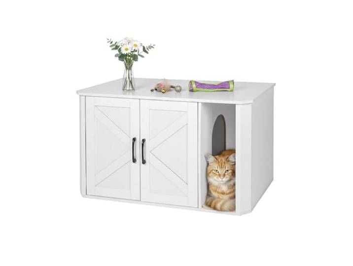 Relaxdays Meuble à litière\, 50 x 85 x 49 cm\, Niche Cache-litière Chat blanc\, tapis anti-litière\, entrée frontale