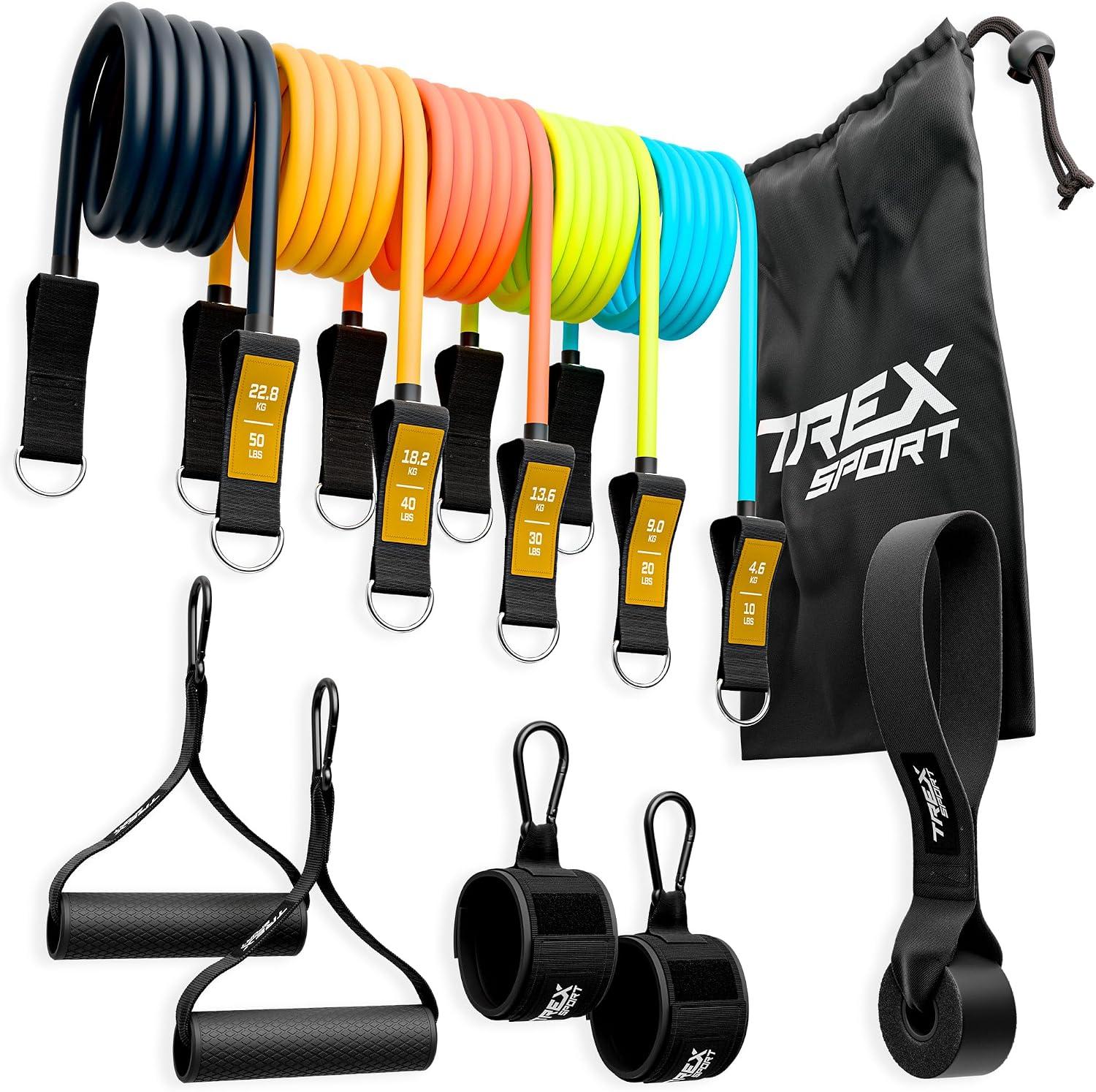 Widerstandsbänder 5er Set mit Griff Expander 4,6-22,8kg Türanker | TX-050TSV Fitnessbänder, Gymnastikband, Knöchelriemen, Resistance Bands, Neon / Grau
