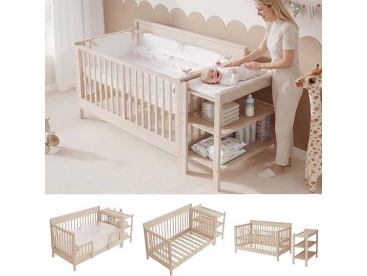 BTM Babybett mit Wickelkommode Höhenverstellbar Babybett mitwachsend Umschaltbar zum Baby Beistellbett/Kinderbett Massivholz