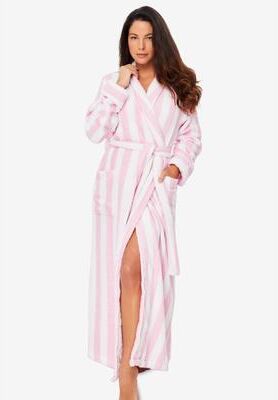 Plus Size Women's Long Terry Robe by Dreams & Co. in Pink Stripe (Size 3X)