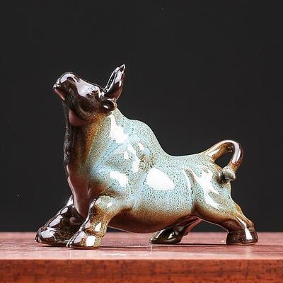 chinesische Feng Shui Keramik-Stierfigur - Wohlstand anziehende Büffelstatue, Schreibtisch-Dekor, Tierkreis-Tier-Handarbeit, nicht elektrisches Sammlerstück