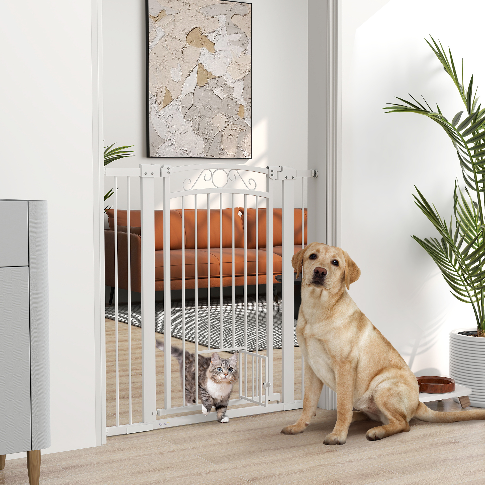 Pawhut Cancellino per Cani Regolabile con Estensioni e Porta per Gatti, 76-104x106cm, Bianco