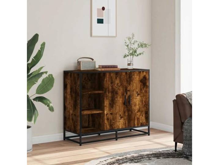 KTHLBRH Anrichte Eiche Rauchgrau 92 x 35 x 76 cm Spanplatte Metall 2 Türen, großer Stauraum, Industrie-Stil, stabile Struktur