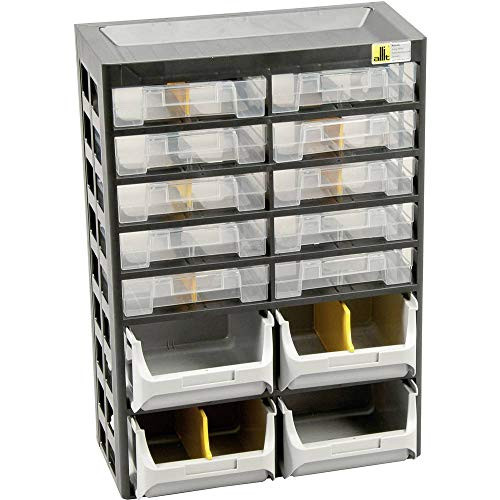 Allit 458140 depot voor kleine onderdelen, zwart en geel, 10 laden, 4 dozen en 7 scheidingswanden