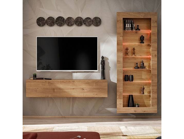 Komodee Meuble TV avec Vitrine Suspendue Como - Chene - Miel Truffe - LED RGB - 211 x 178 x 23 cm