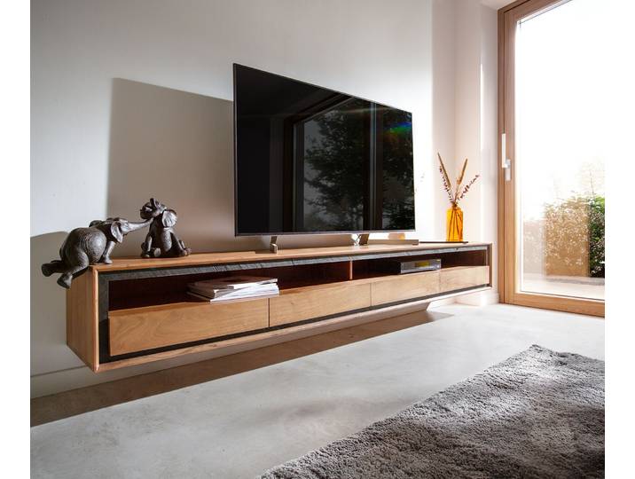 Buffet bas Stonegrace 240 cm acacia nature 2 compartiments 4 tiroirs placage en pierre flottant