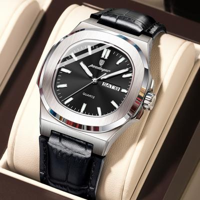 Quick Pick Pro POEDAGAR Executive Leather Men Business Watch With Luminous Date Display silver Black