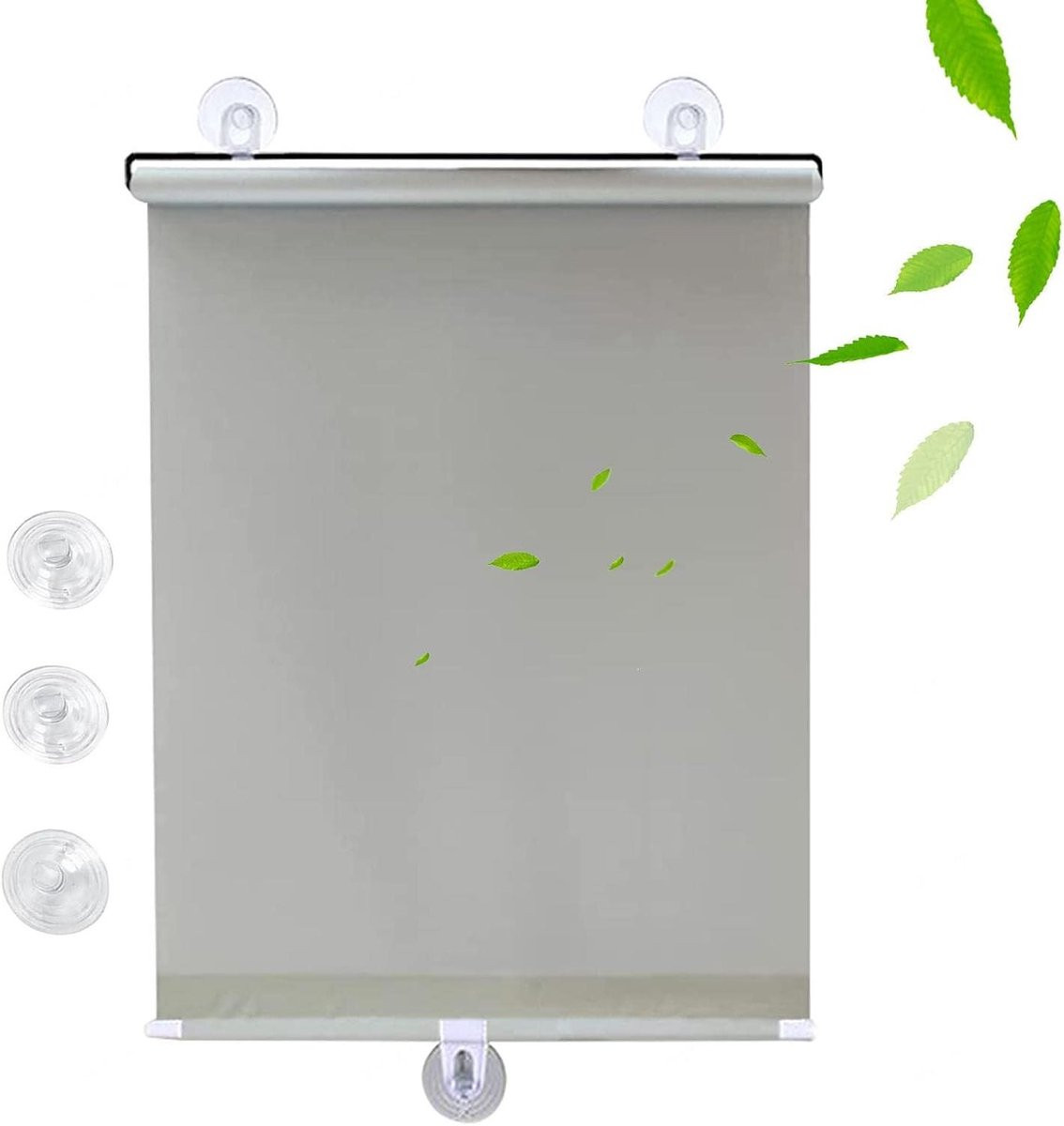 Grijs verduisterend rolgordijn met zuignap voor ramen, automatisch oprolbaar, 72 x 125 cm