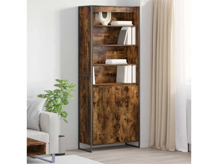 Eleganter hoher Schrank mit rechteckiger Form und Holzwerkstoff in Raucharbe-Optik - Industrieller hoher Schrank für Wohnzimmer und moderner Aufbewahrungsschrank mit Holzwerkstoff