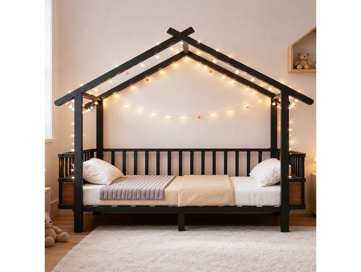 ROVRYN lit enfant cabane 90 x 200 cm en metal noir avec barrieres de securite