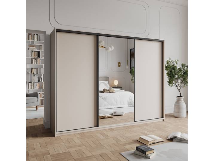 Masseno Schiebetürenschrank TAVI 250/205/60cm 3-türig mit Spiegel Kaschmir