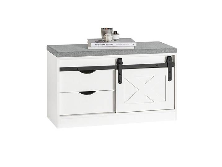 Banc à Chaussures FSR153-W SoBuy - Meuble à Chaussures - Coussin Rembourré - 2 Tiroir - Porte de Grange - 80 x 30 x 49