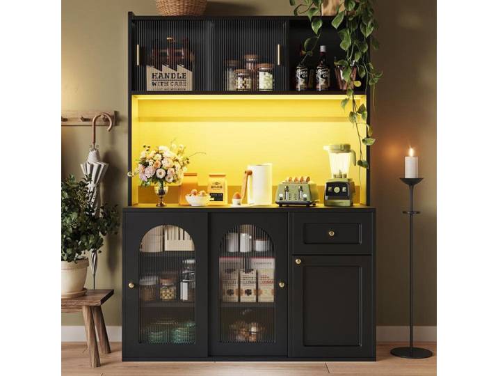 Vitrine 120 x 35 x 167 cm buffet avec étagères réglables meuble de salle à manger vitrine avec éclairage LED noir